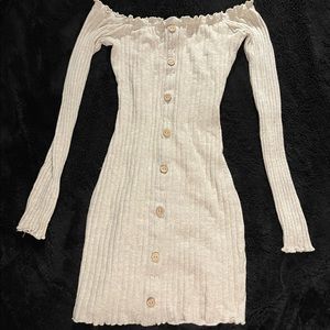 Fashion Nova || Ribbed Off Shoulder Oatmeal Midi Dress